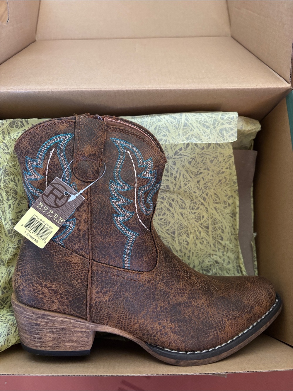 Roper Brown Western Boot with Blue Stitching